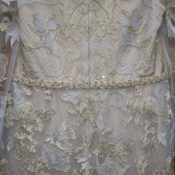 NWT Mac Duggal 11165 Blue Long Sleeve Applique V-Neck Gown 14 - Picture 13 of 16